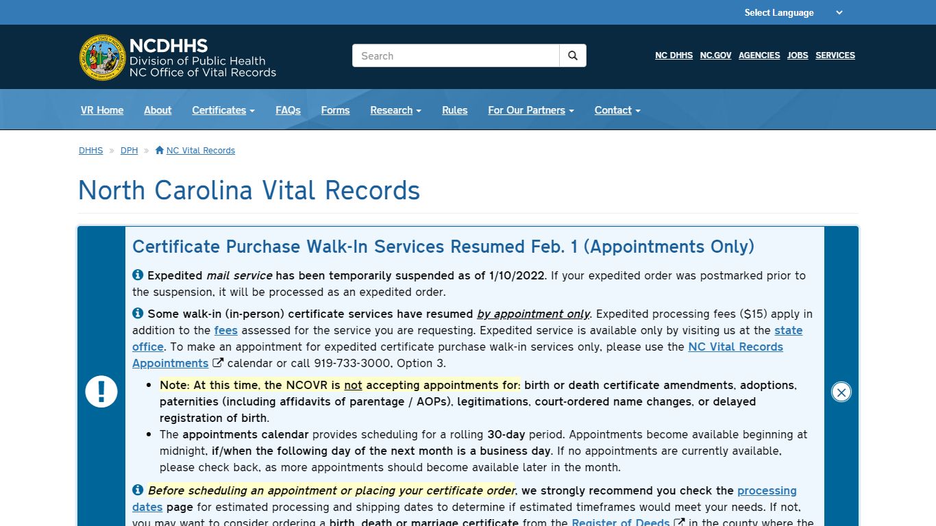 NCDHHS: DPH: NC Vital Records: Forms